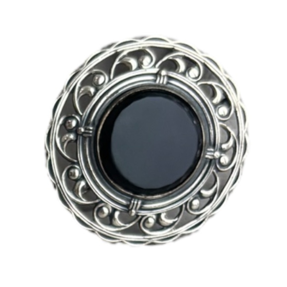 Vintage Sterling Silver Brooch Pin Onyx Black Stone Ornate Scrolled Filigree - Picture 13 of 15